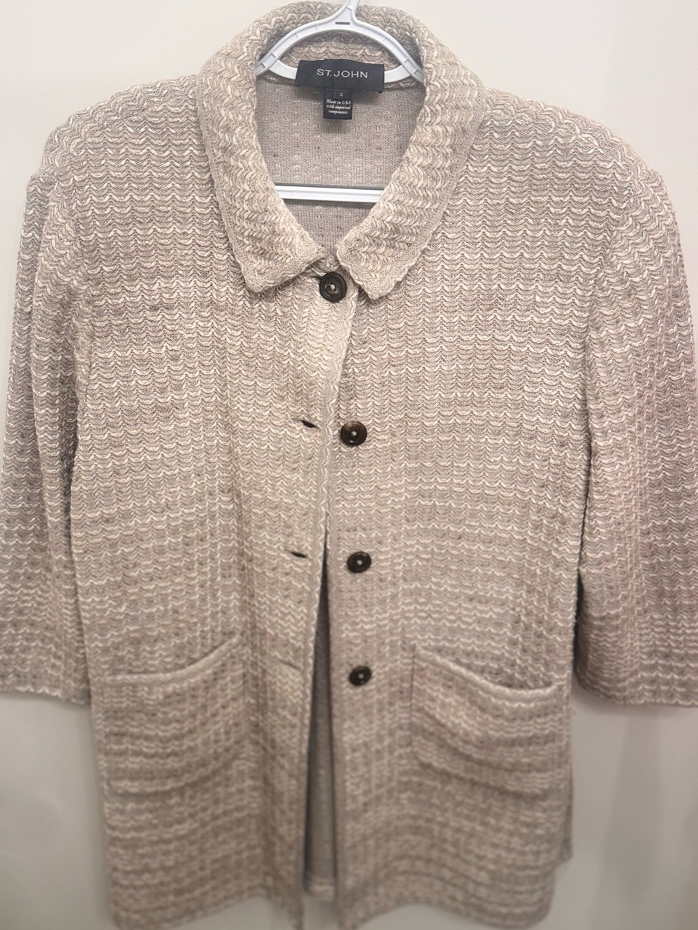 St. John Neutral Beige Textured Knit Button-Up Jacket